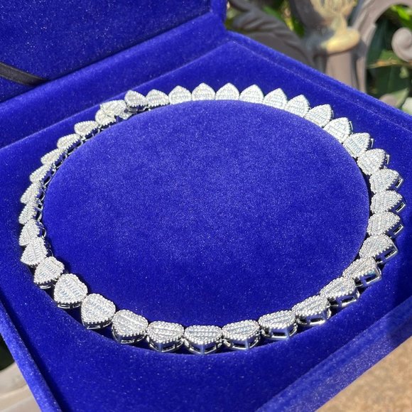 Baguette Crushed Heart Necklace Iced Out Choker Micro Pave Prong Setting Chain - Picture 2 of 9